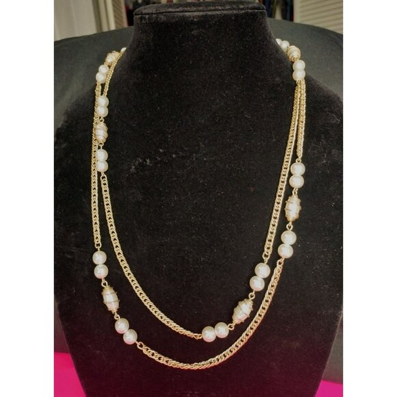 Sarah Coventry Vintage Gold Tone Chain Faux Pearl Pendant Long Necklace Jewelry - Picture 15 of 16